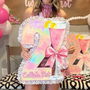 Custom Personalized 21st Birthday Sign Lace And Pearls SZ 16x21”